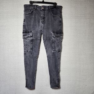 Zara Womens 36 Distressed Black/Gray Cargo Jeans Ankle Zip